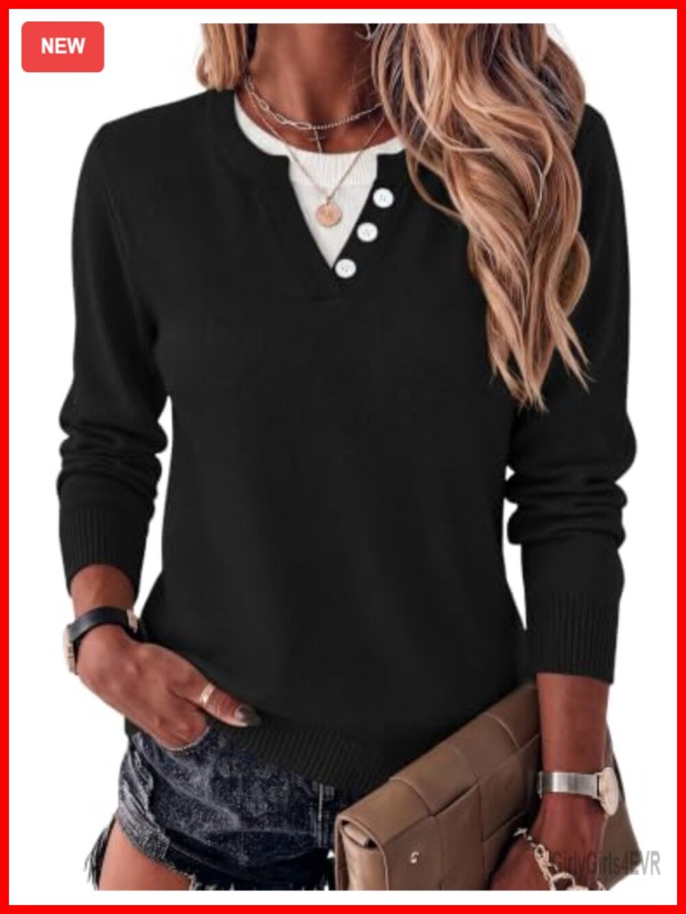 Women's Lightweight Knit Pullover Sweater Faux-Layered Long Sleeve